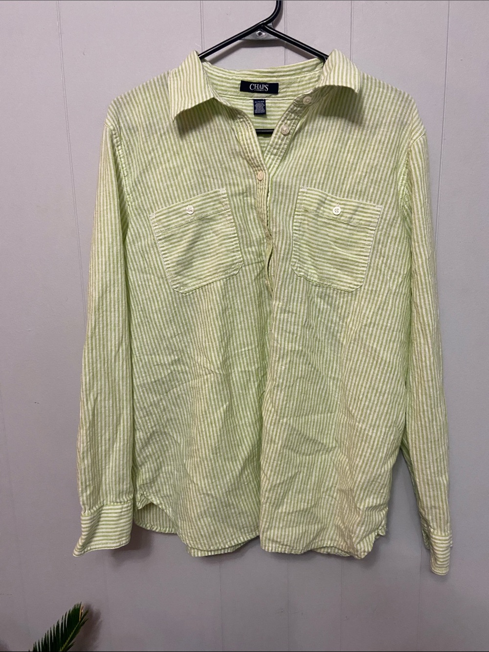 Women’s linen blend Chaps  chartreuse Green Striped Casual Button pullover Shirt